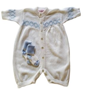 Sophie Dess Vintage Boys Knit Romper 100% Cotton White with Blue Argyle 6 Month